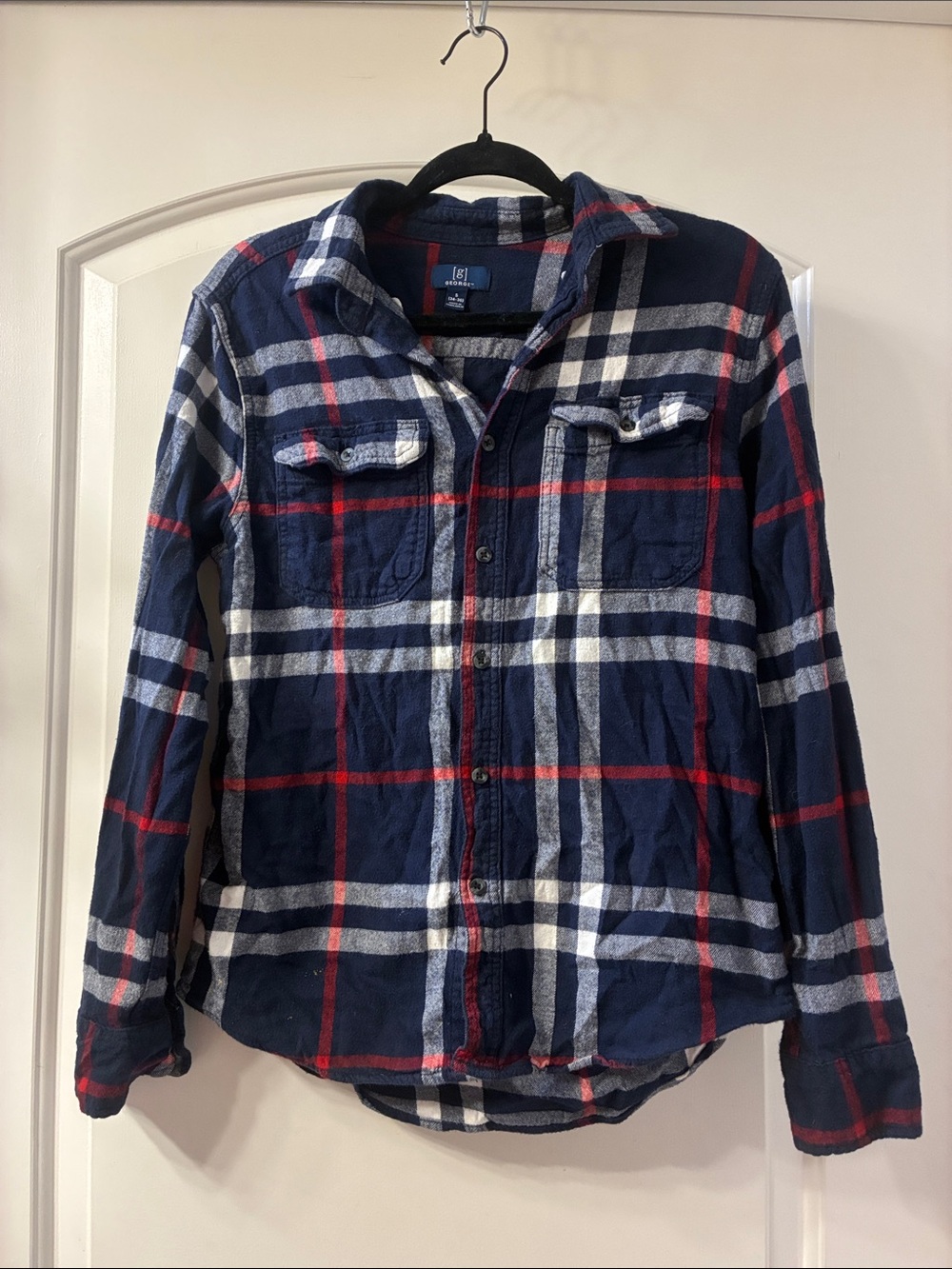 Navy Red White Plaid Button-Up Flannel Shirt